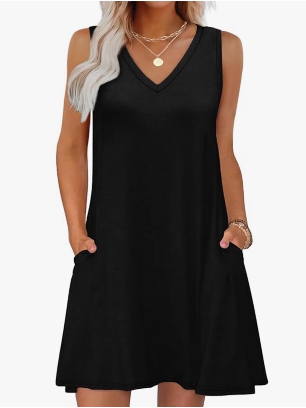 Classic V-Neck Sleeveless Mini Dress with Pockets — Black